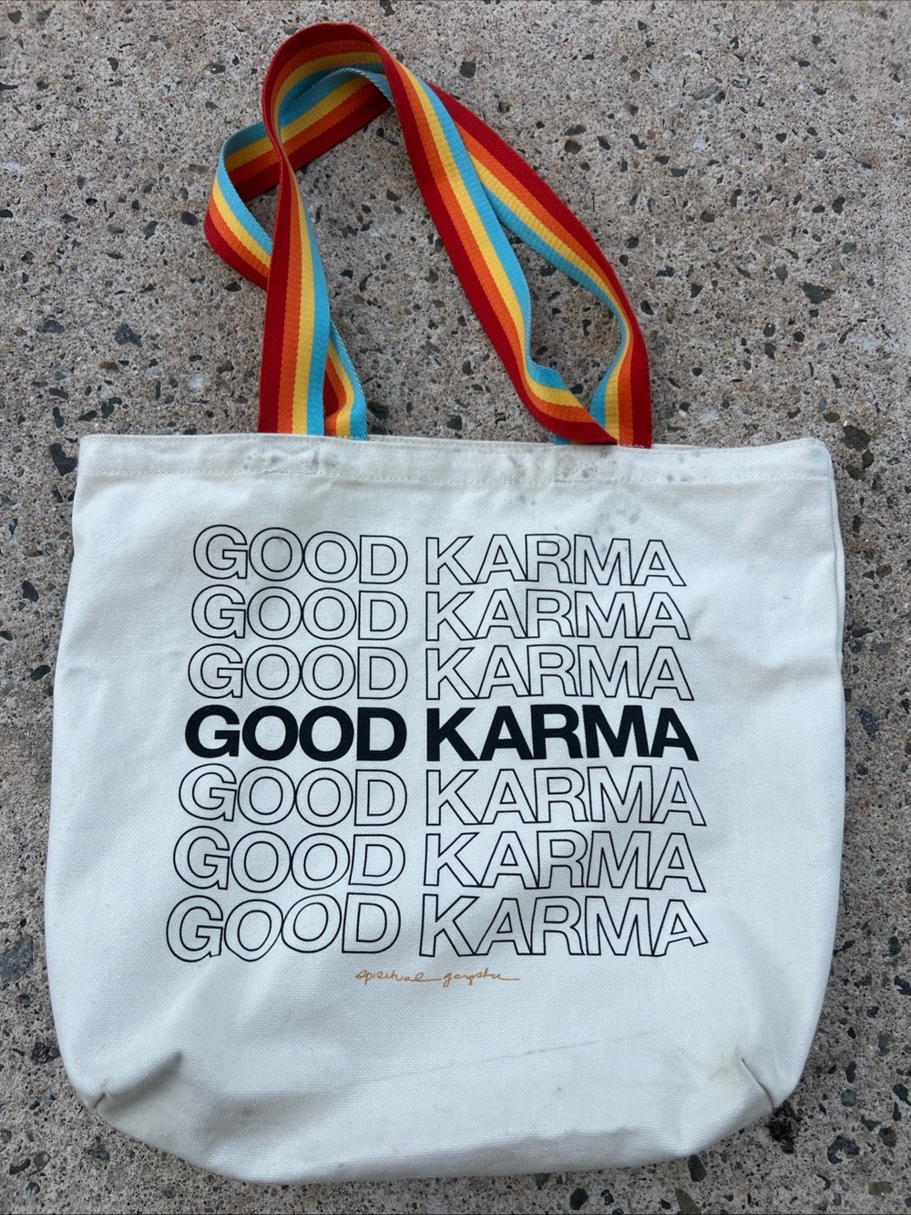 Spiritual Gangster White Canvas Tote with Rainbow Straps